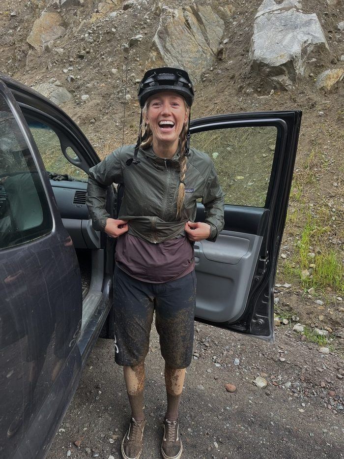 Hales in her bike helmet after a muddy ride